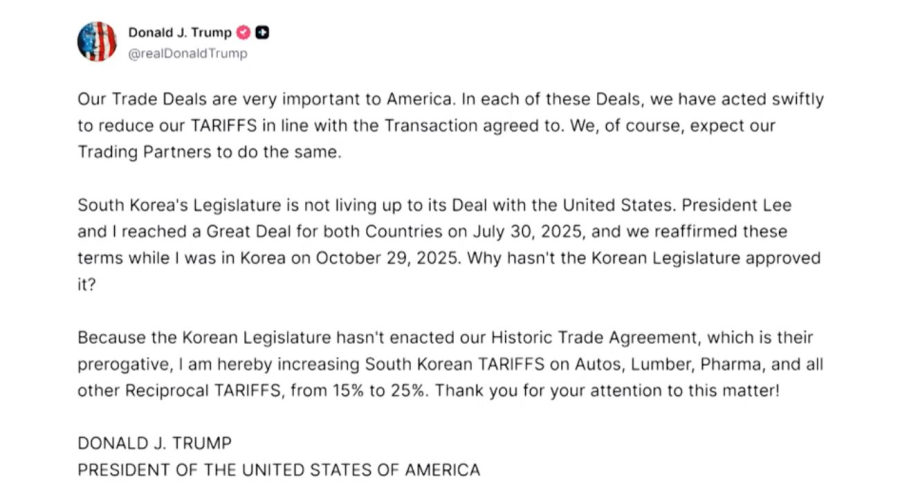 АҚШ Оңтүстік Кореяға салықты көтереді