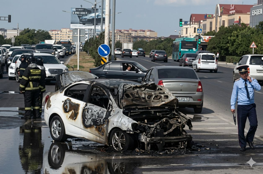 В Актау автомобиль вспыхнул прямо во время движения