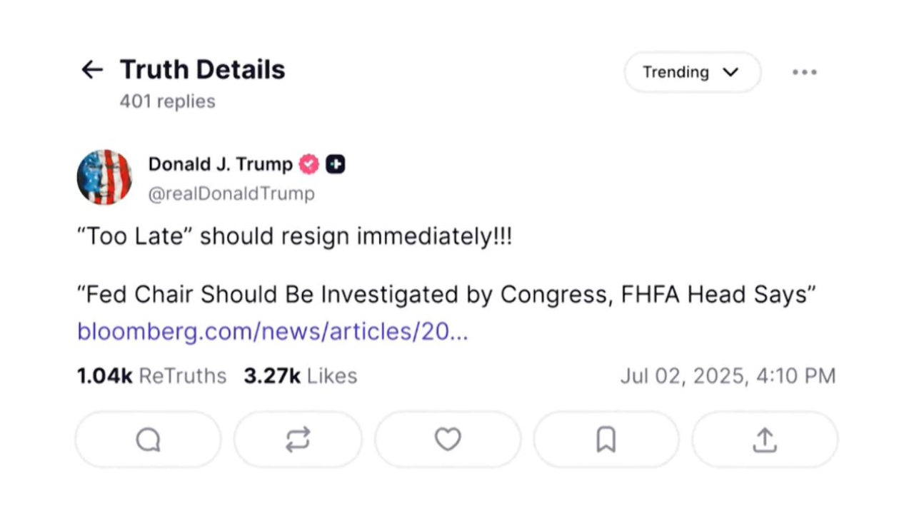 Трамп призывает главу ФРС уйти в отставку