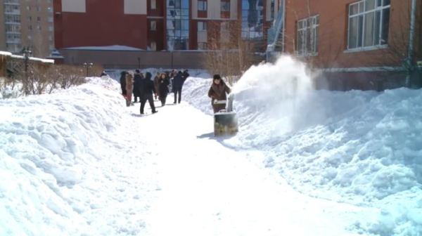 Столичные волонтёры очищают от снега территории соцобъектов