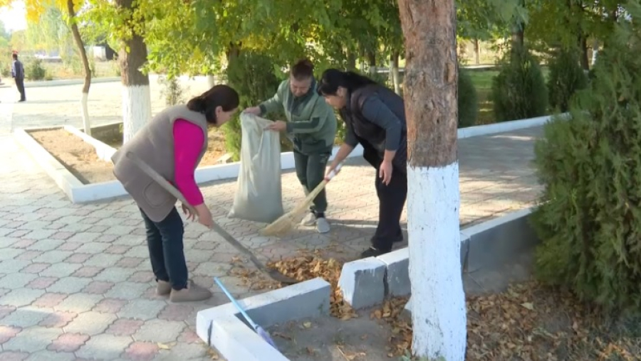 Парк в Жаркенте очистили от листьев и мусора