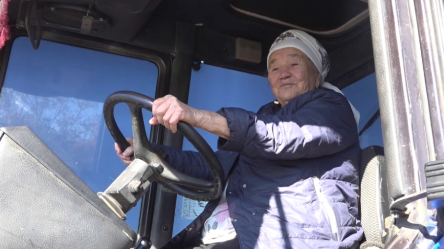 80-летняя ветеран-механизатор помогает в уборке улиц