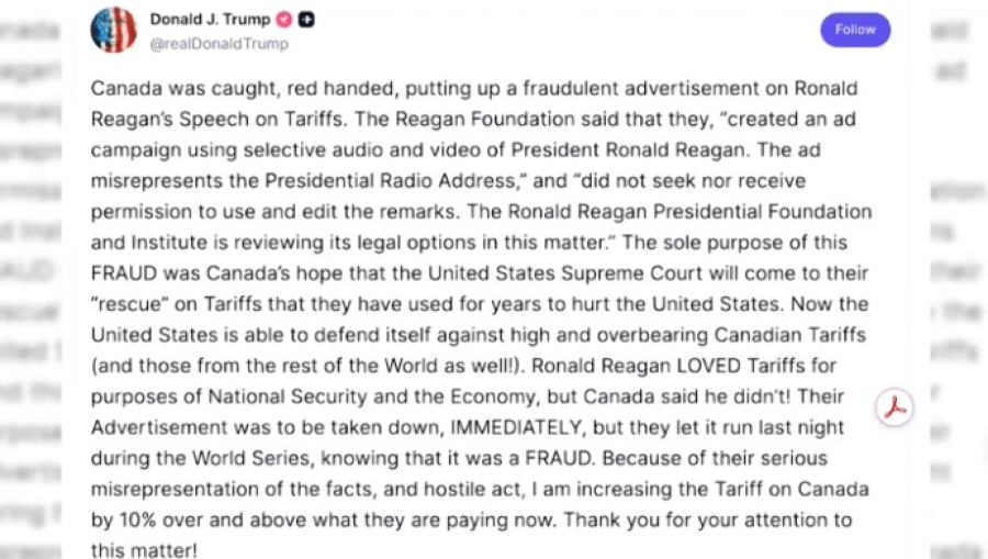 Трамп повысил пошлины для Канады из-за рекламы с Рейганом